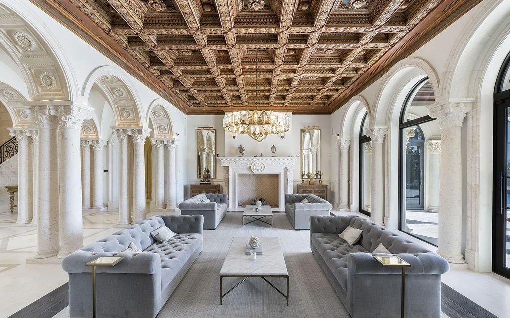 2325 S Ocean Blvd, Delray Beach, FL. A spectacular direct Oceanfront 9BR/13.7BA Estate, custom-built with commanding, unobstructed ocean views. The property boasts gorgeous detailing throughout, featuring palazzo-inspired compound, custom finishes, intricate marblework, and beautiful artisan millwork.