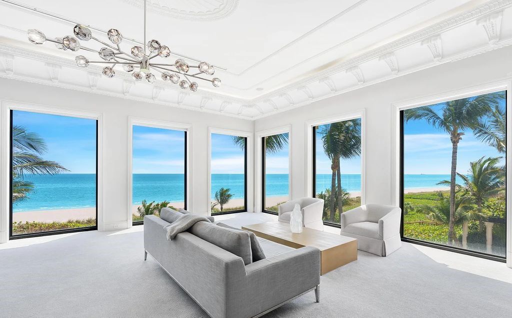 2325 S Ocean Blvd, Delray Beach, FL. A spectacular direct Oceanfront 9BR/13.7BA Estate, custom-built with commanding, unobstructed ocean views. The property boasts gorgeous detailing throughout, featuring palazzo-inspired compound, custom finishes, intricate marblework, and beautiful artisan millwork.