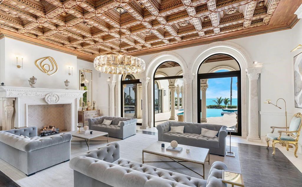 2325 S Ocean Blvd, Delray Beach, FL. A spectacular direct Oceanfront 9BR/13.7BA Estate, custom-built with commanding, unobstructed ocean views. The property boasts gorgeous detailing throughout, featuring palazzo-inspired compound, custom finishes, intricate marblework, and beautiful artisan millwork.