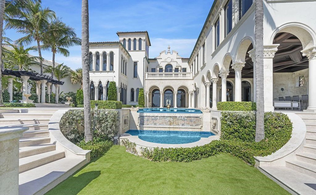 2325 S Ocean Blvd, Delray Beach, FL. A spectacular direct Oceanfront 9BR/13.7BA Estate, custom-built with commanding, unobstructed ocean views. The property boasts gorgeous detailing throughout, featuring palazzo-inspired compound, custom finishes, intricate marblework, and beautiful artisan millwork.