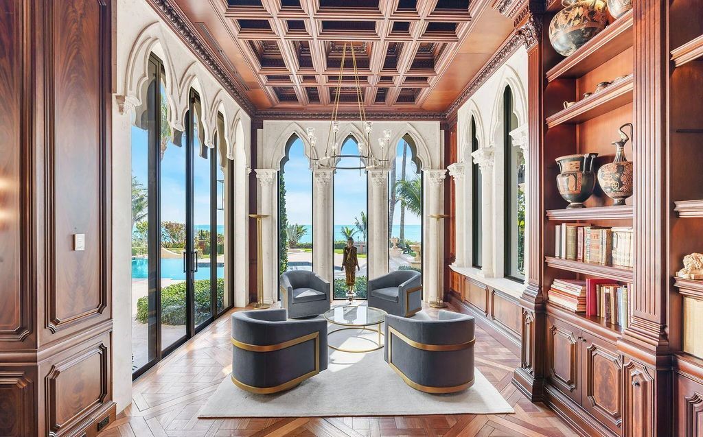 2325 S Ocean Blvd, Delray Beach, FL. A spectacular direct Oceanfront 9BR/13.7BA Estate, custom-built with commanding, unobstructed ocean views. The property boasts gorgeous detailing throughout, featuring palazzo-inspired compound, custom finishes, intricate marblework, and beautiful artisan millwork.