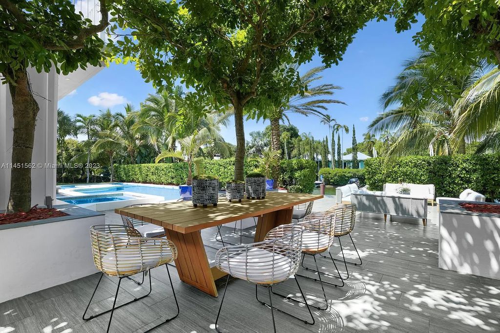 Casa Aqua is a modern-Island waterfront residence with 120 ft of water frontage, a spacious dock, and a lift to fit 2 boats. This one-story home features 7 bedrooms, 6.5 bathrooms, a gourmet kitchen, private family room, and bonus room.