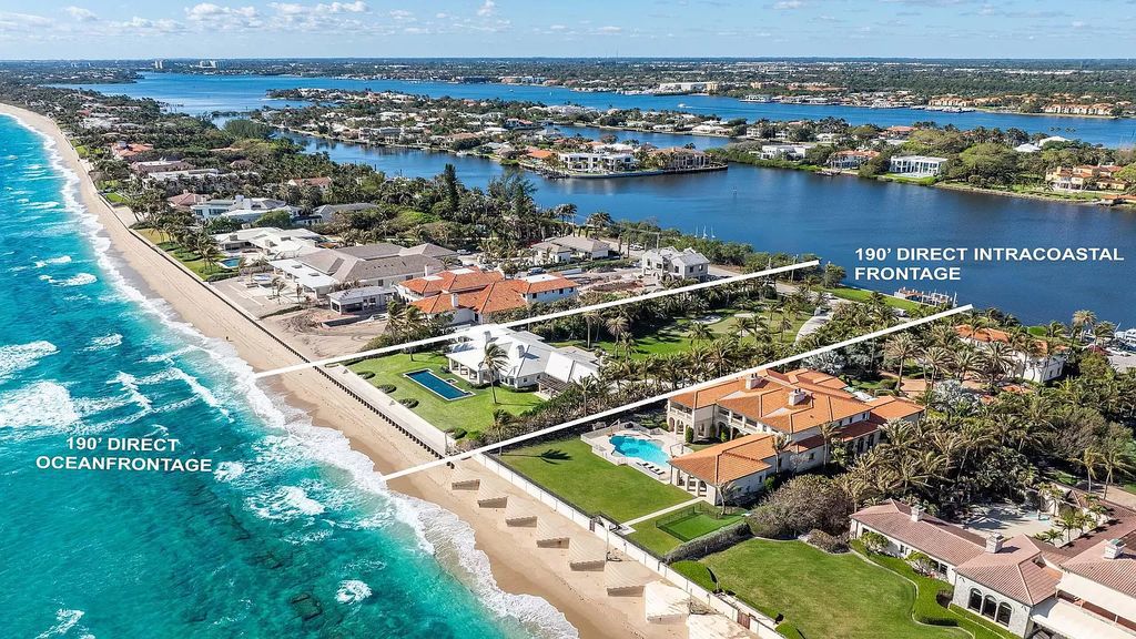 Exceptional estate with 200 feet ocean and 190 feet Intracoastal frontage! Updated, move-in ready with pools, deep water dock and endless possibilities. Steps to Delray and Palm Beach. Must-see waterfront!