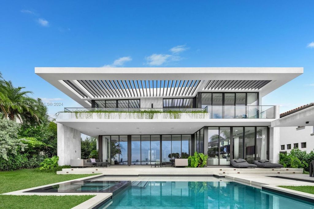 Brand-new Bay Harbor Islands masterpiece with 80 feet waterfront, sunsets, pool, spa and gourmet kitchen. Designed for entertaining by SDH Studio.