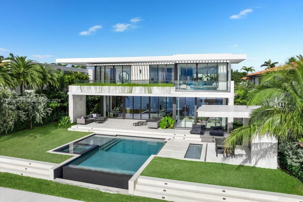 Brand-new Bay Harbor Islands masterpiece with 80 feet waterfront, sunsets, pool, spa and gourmet kitchen. Designed for entertaining by SDH Studio.