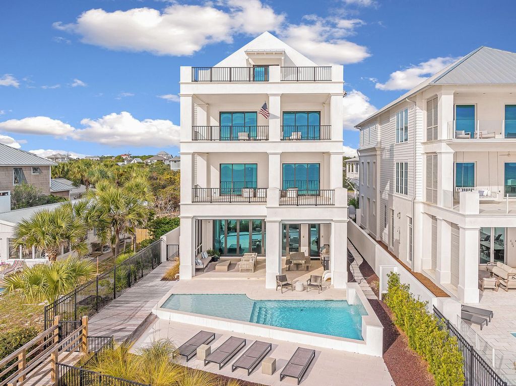 This meticulously crafted 7,650 square feet estate boasts private beach access, a resort-style pool, an elevator, and breathtaking Gulf views. Nestled on the coveted east end of 30A, enjoy proximity to Rosemary Beach, Alys Beach, and Kaiya. Unwind in unparalleled luxury and explore the best of 30A!